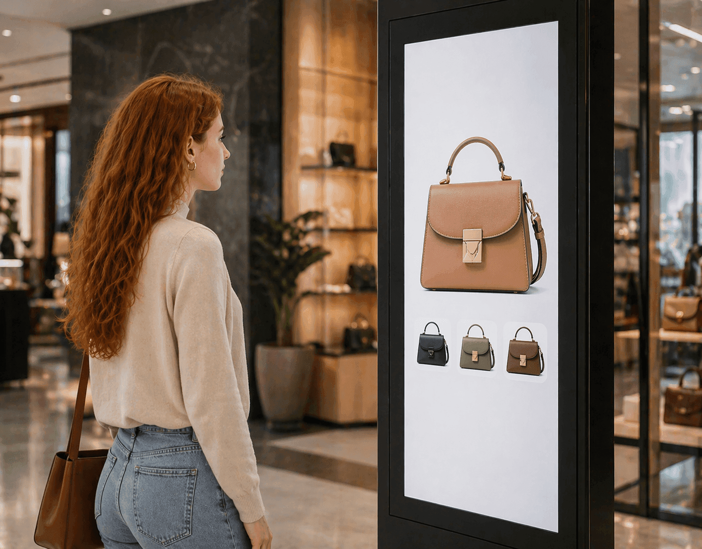 Cliente usando senalizacion digital interactiva en retail